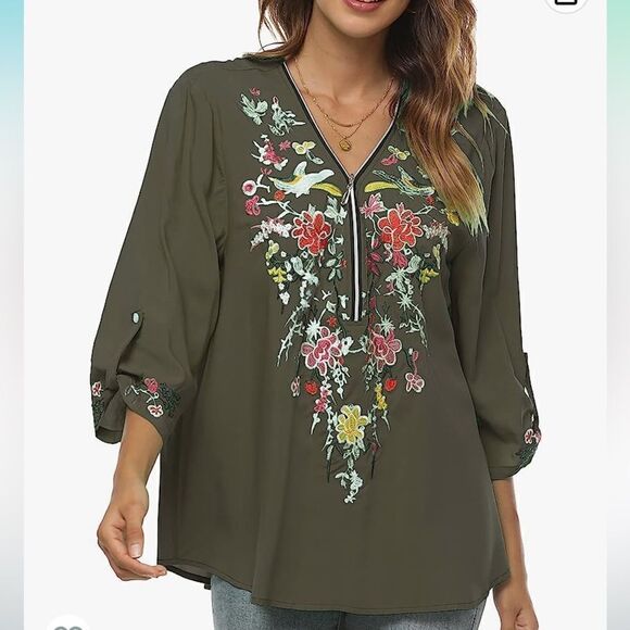 Grosy Loose Fit Floral Embroidered Boho top NWT color black size L V Neck zipper - Picture 9 of 10